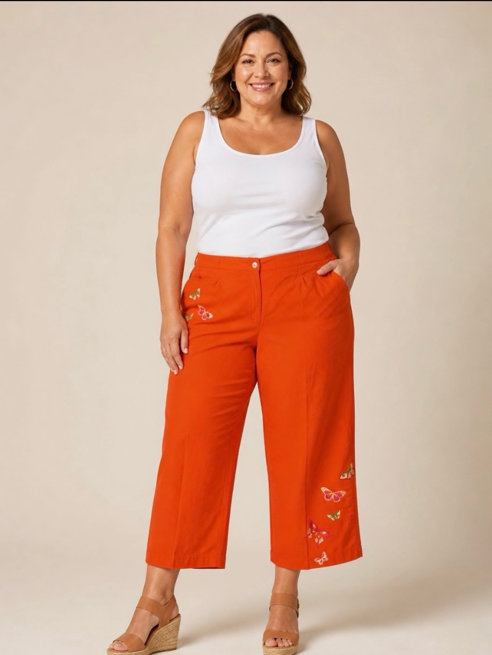 Susan Bristol Orange Cropped Pants Size 12 Butterfly Embroidered